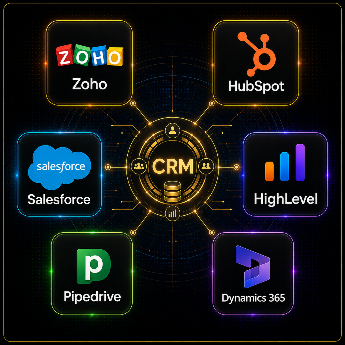 CRM by Platform infographic showcasing popular CRM solutions like Zoho, Salesforce, HubSpot, and more. services