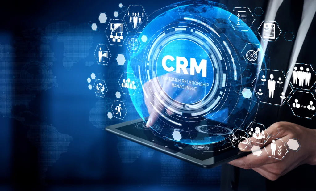 Salesforce Field Service Setup - Visual representation of CRM technology with digital icons and a tablet.