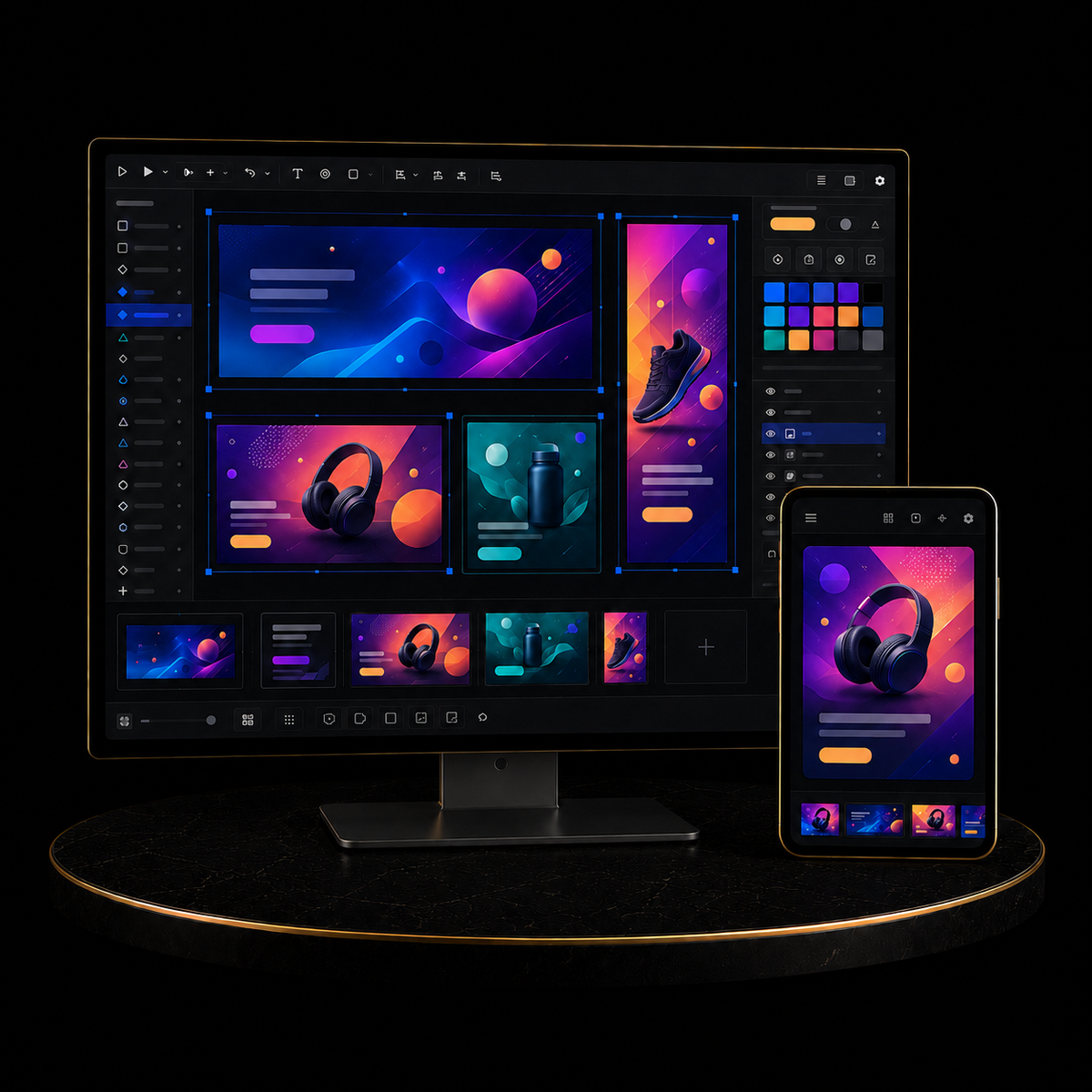 Image showcasing a digital workspace for a Banner Design Package including colorful graphics and product mockups. services