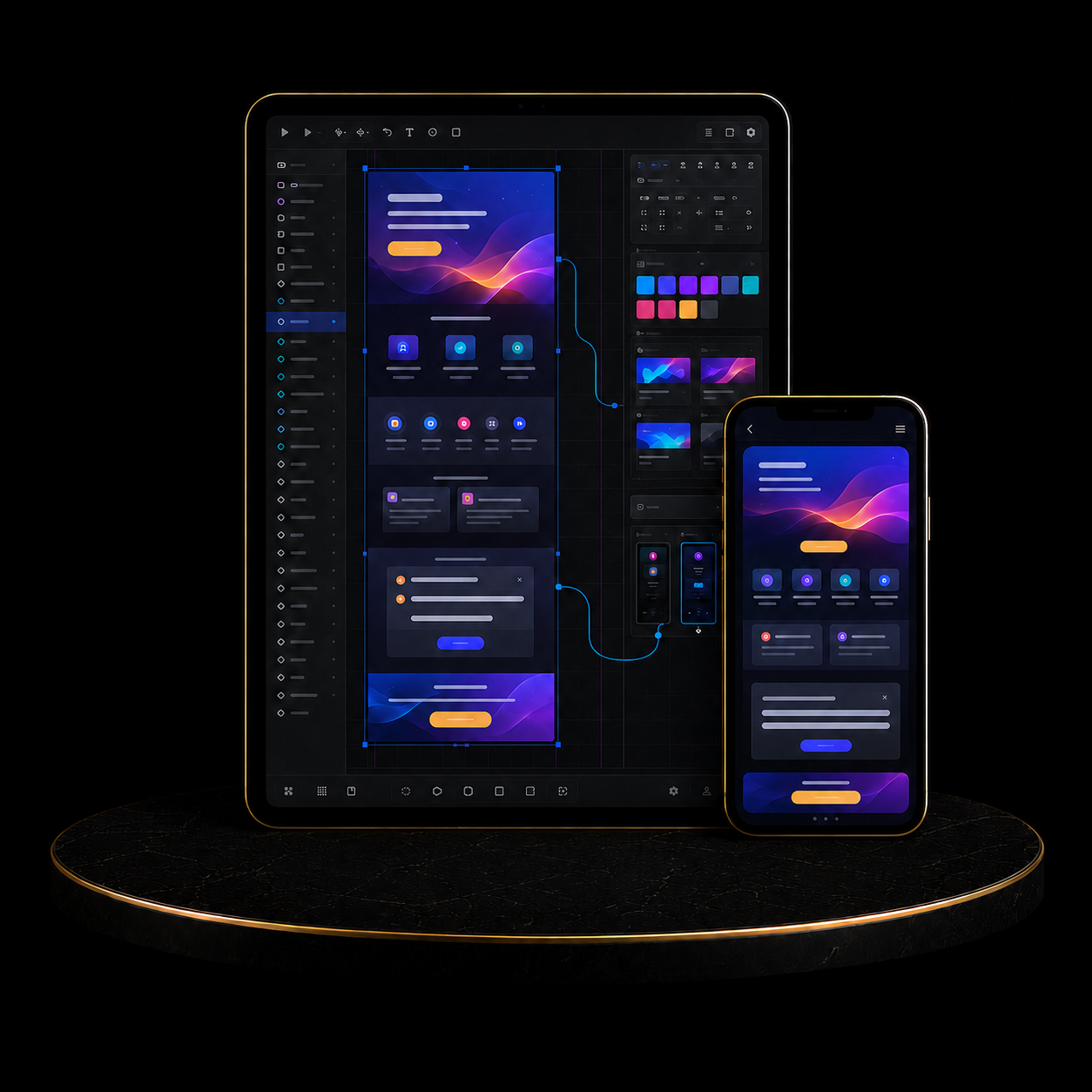 UI Design Package visualized on tablet and smartphone mockups.