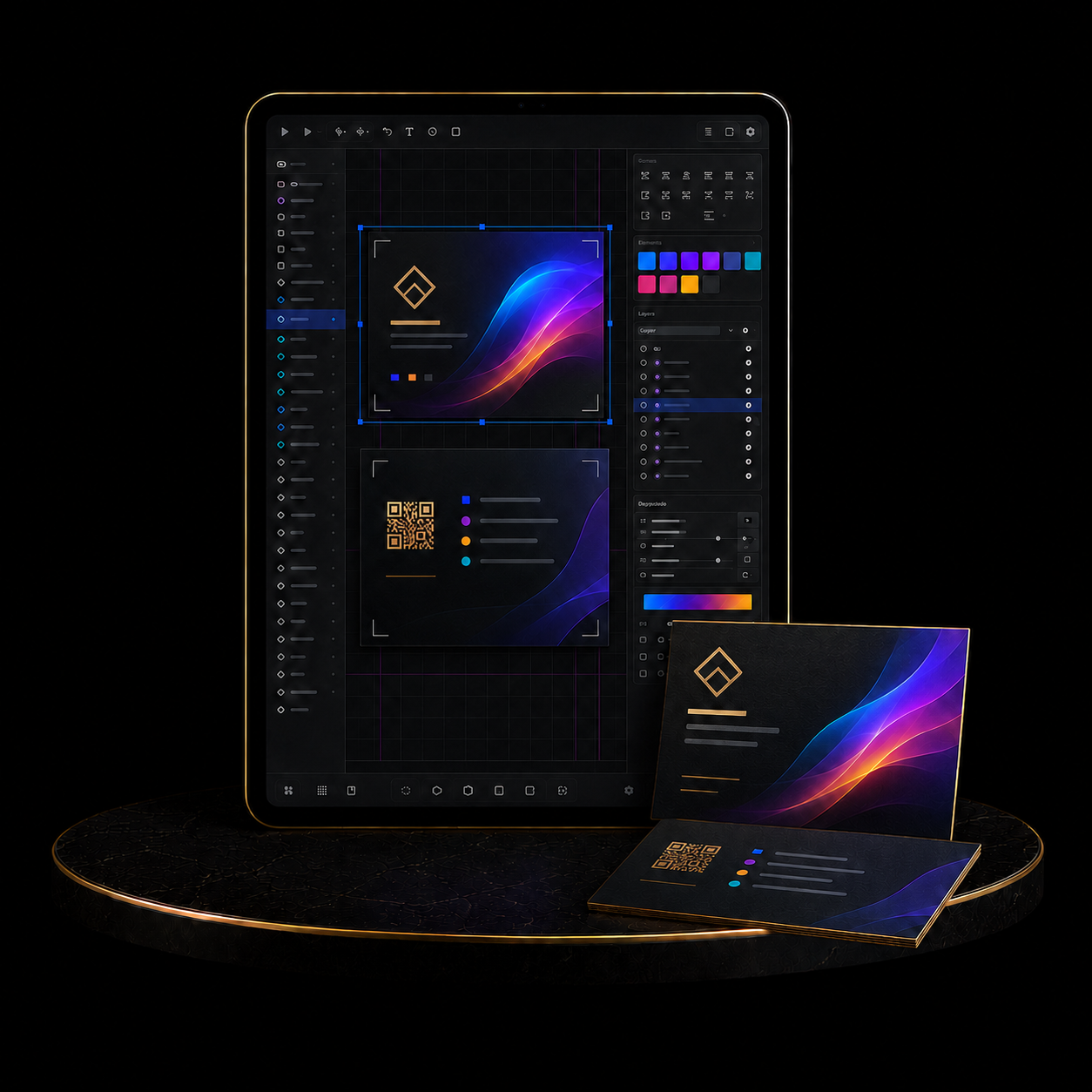 Business Card Design Package displayed on a tablet with vibrant colors and digital design elements.