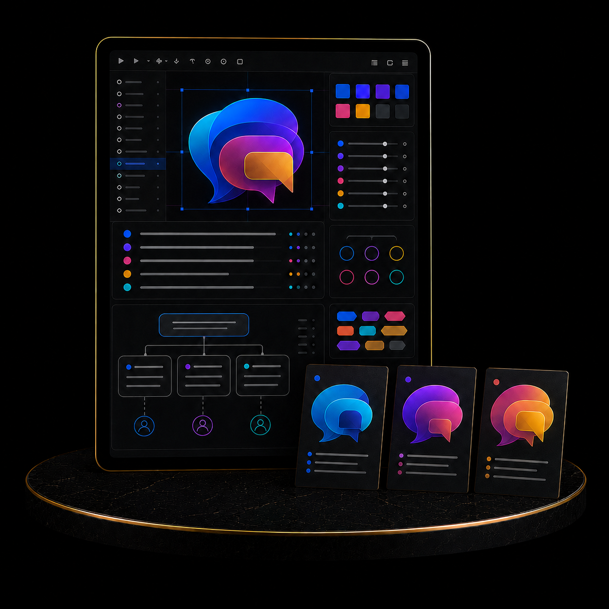 Slogan & Brand Messaging Package displayed on a tablet with colorful chat icons and branding elements.