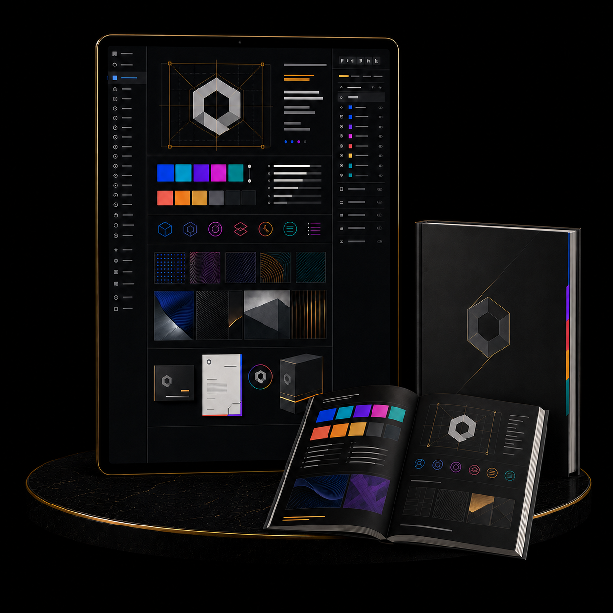 Brand Book & Visual Identity Package displayed on a tablet and in printed format showcasing design elements.