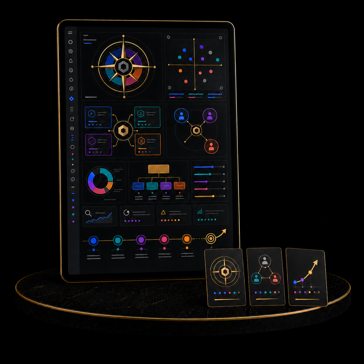 Brand Strategy Package displayed on a digital tablet showcasing colorful analytics and strategic planning visuals.