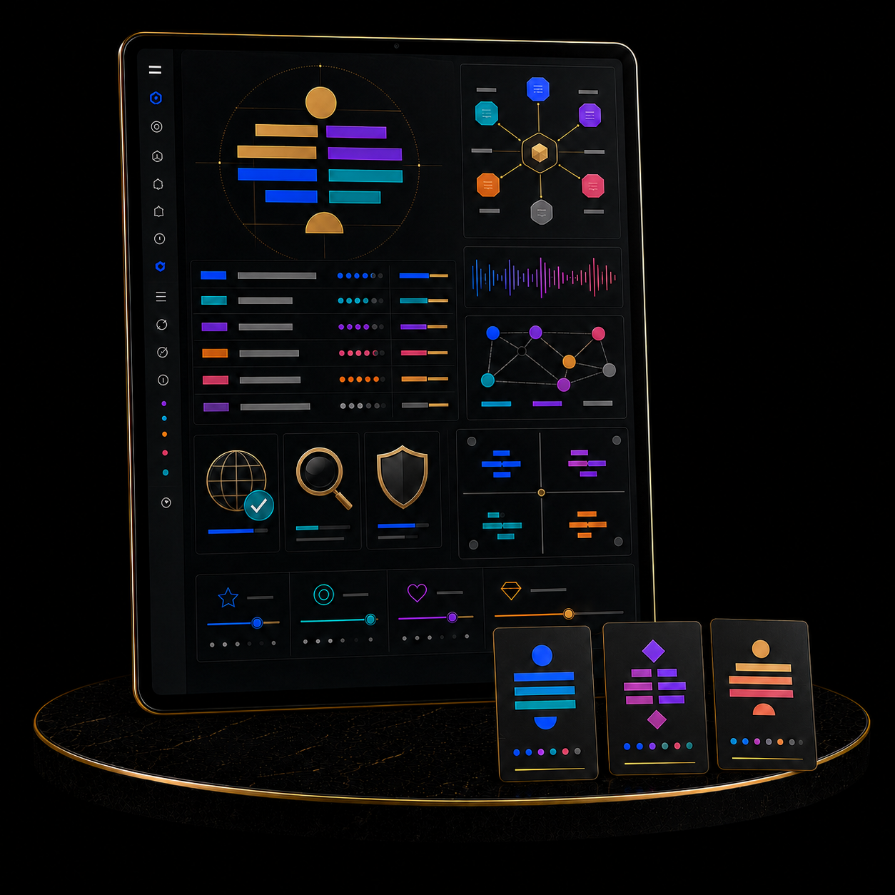 Business Naming Package displayed on a tablet with colorful design elements and interactive interface.