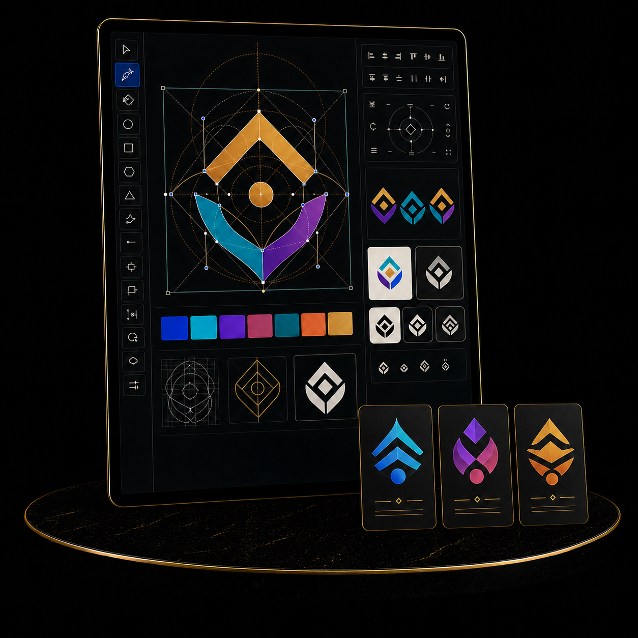 Logo Design Package showcasing various logo concepts and design tools on a digital interface.