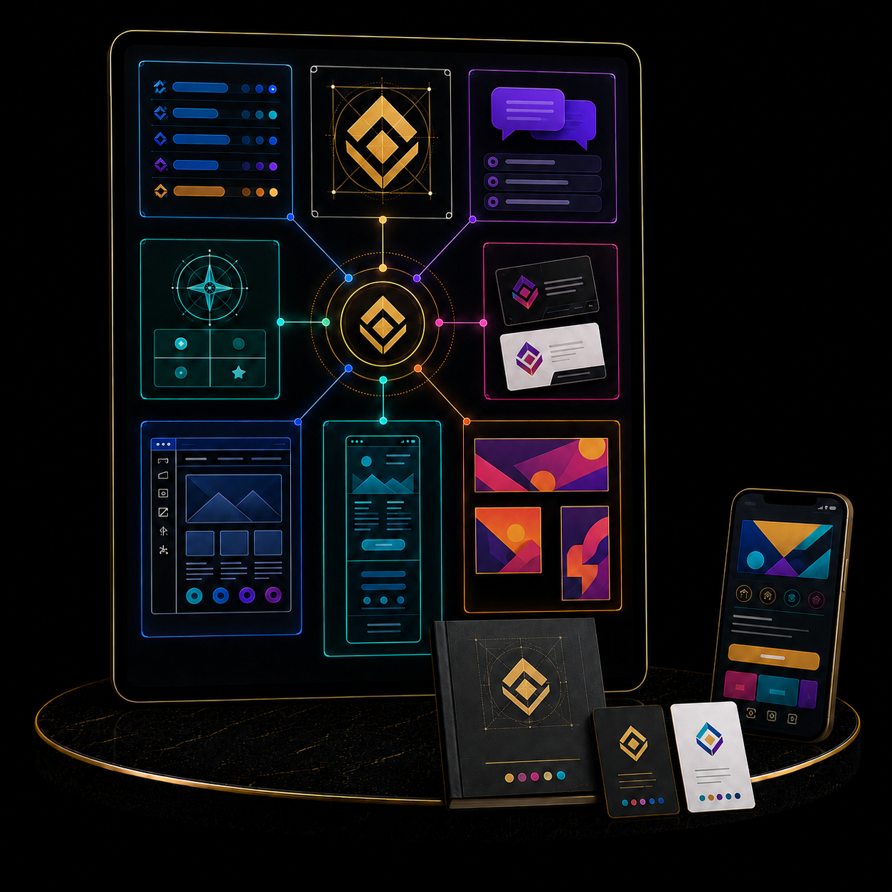 Complete 9-in-1 Brand Launch Package displayed on digital devices and print materials with vibrant designs.