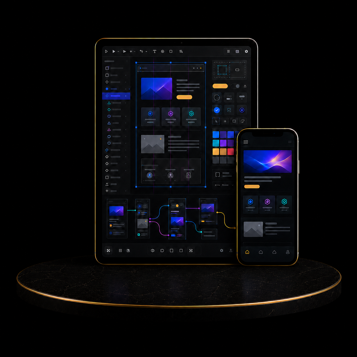 UI Website Design Package showcasing responsive designs on tablet and phone screens.