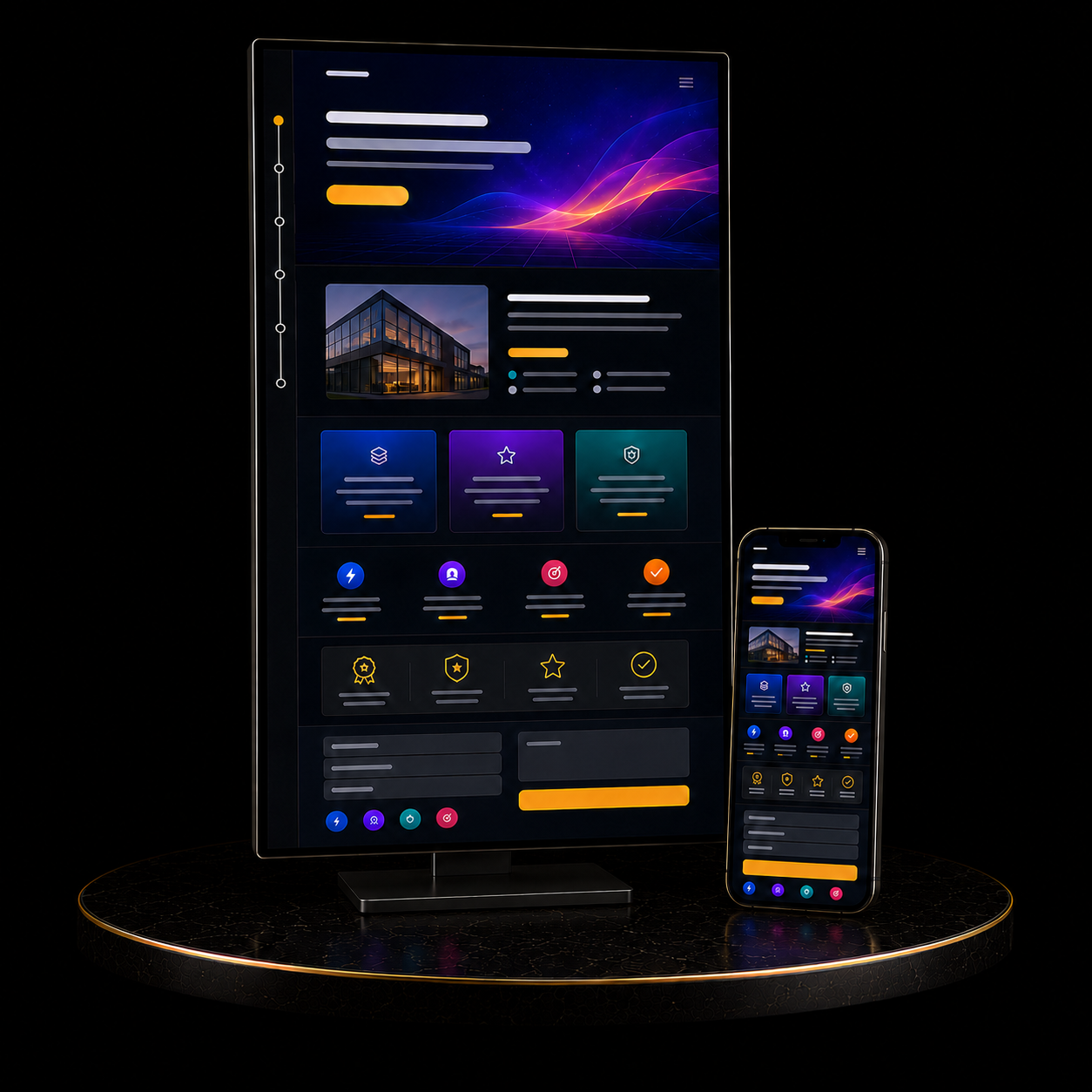One-Page Website Package displayed on a smartphone and monitor with sleek modern design.