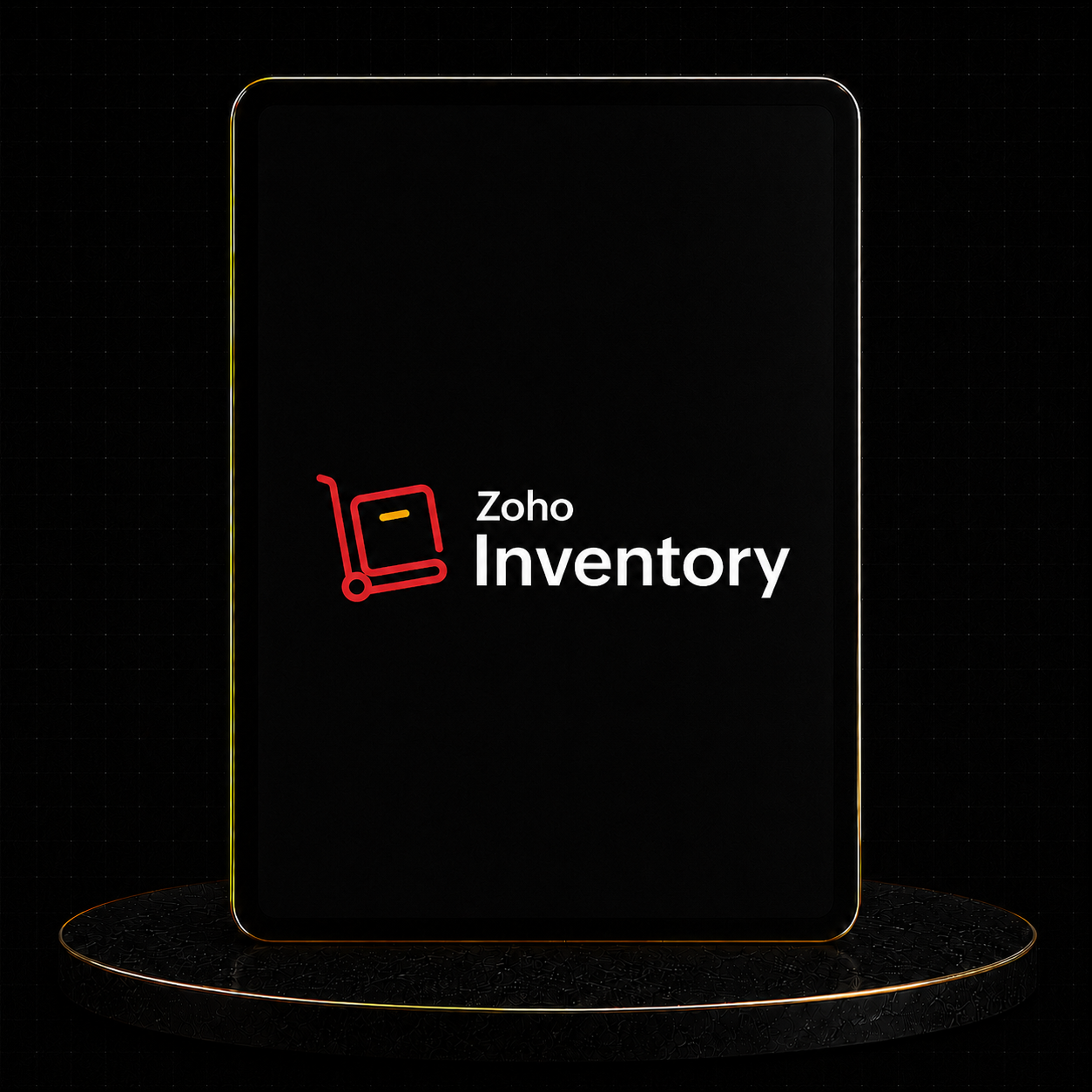 Zoho Inventory Setup logo displayed on a sleek black tablet, emphasizing inventory management solutions.