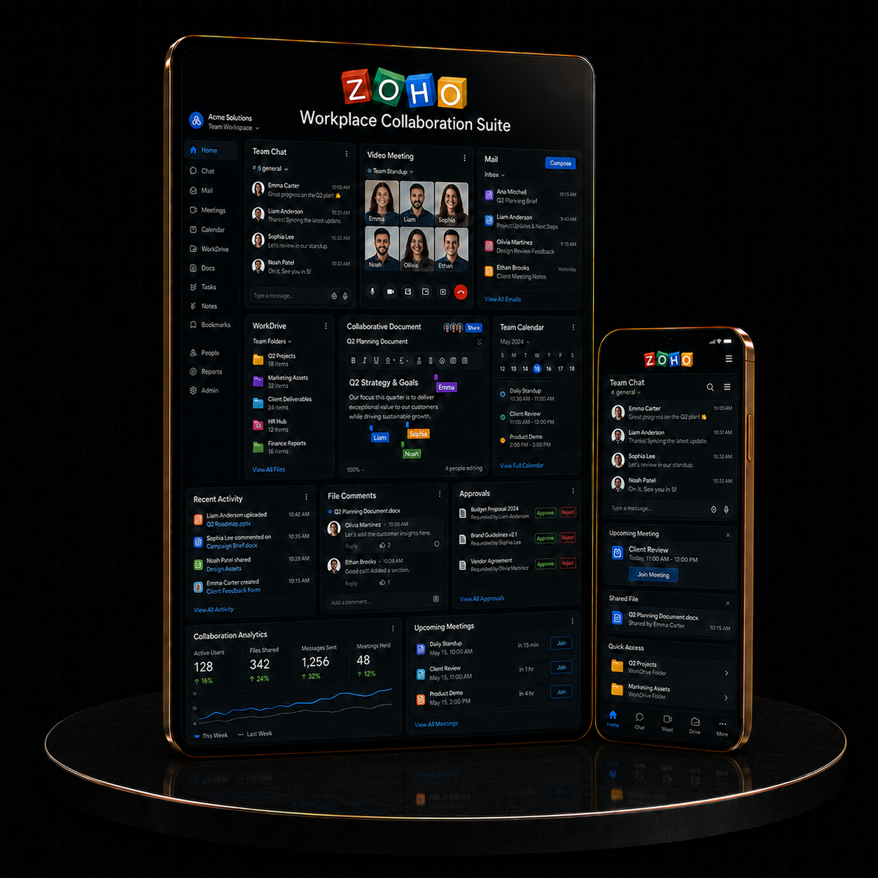 Zoho Workplace Collaboration Suite displayed on a tablet and smartphone showing features like team chat and video meetings.
