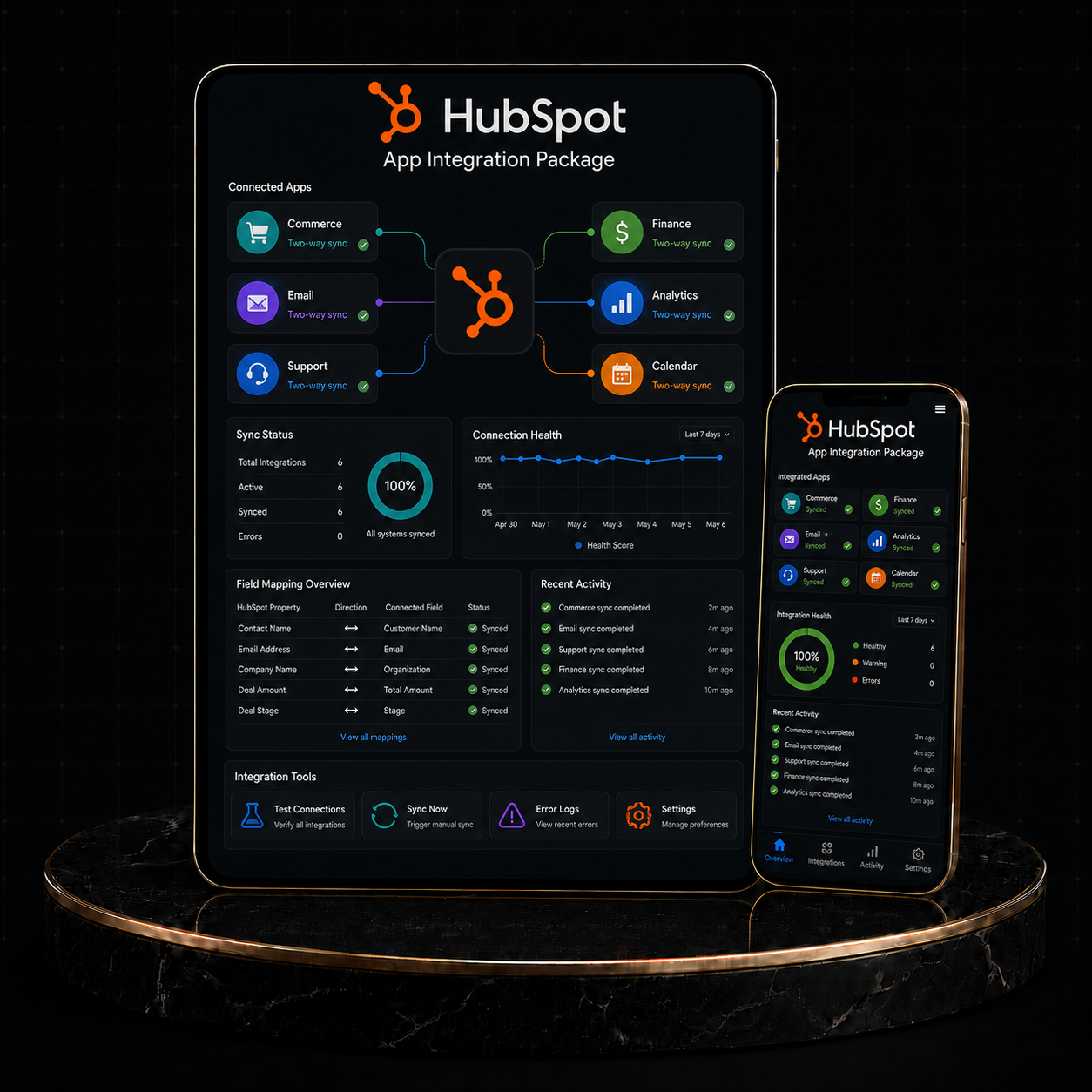 HubSpot App Integration Setup dashboard on tablet and phone showing sync status and connection health.