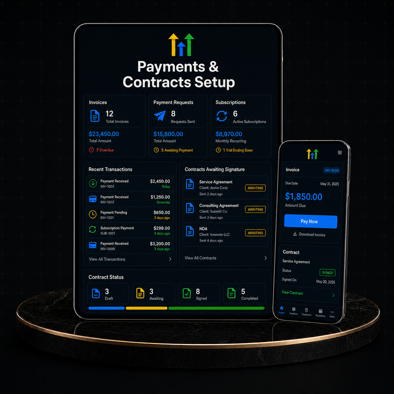 GoHighLevel Payments & Contracts Setup with invoices and payment requests on devices.