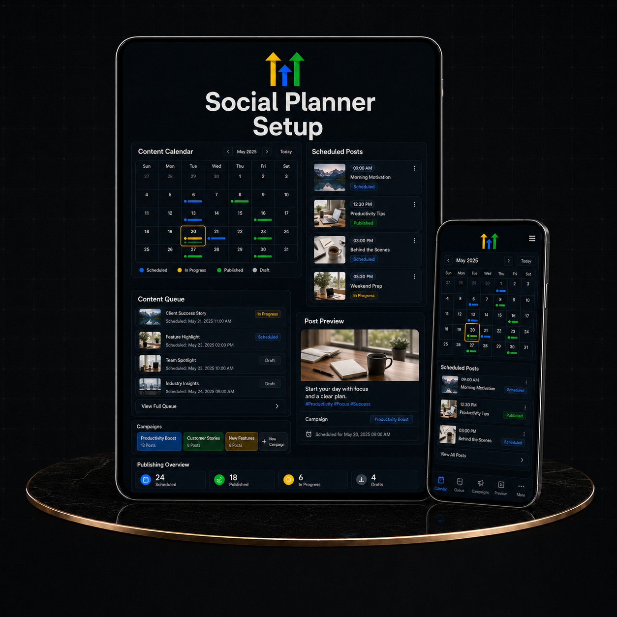 GoHighLevel Social Planner Setup displayed on tablet and phone showing content calendar and scheduled posts.