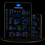Salesforce Field Service Setup dashboard on tablet and phone displaying service appointments and work orders.