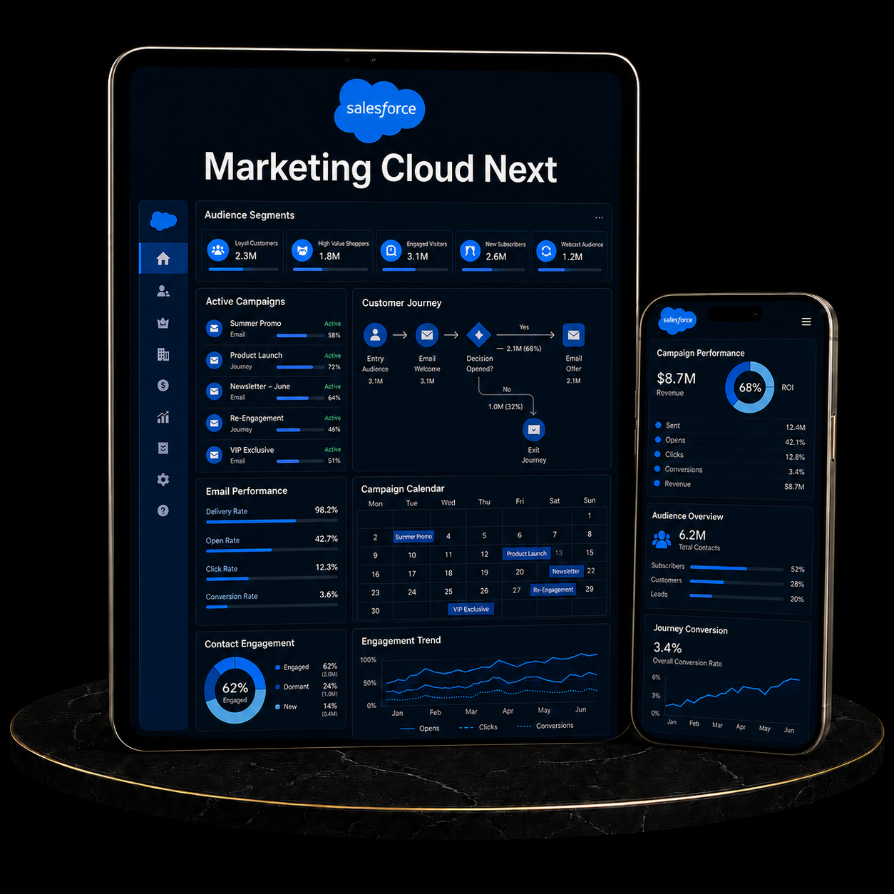 Salesforce Marketing Cloud Next Setup dashboard showcasing audience segments and campaign performance.