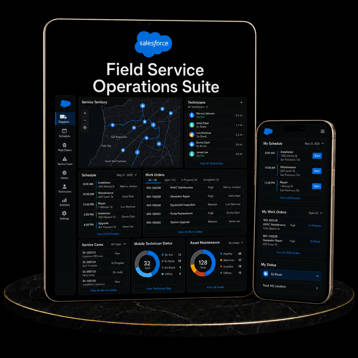 Salesforce Field Service Operations Suite displayed on tablets and mobile devices with service status and technician details.