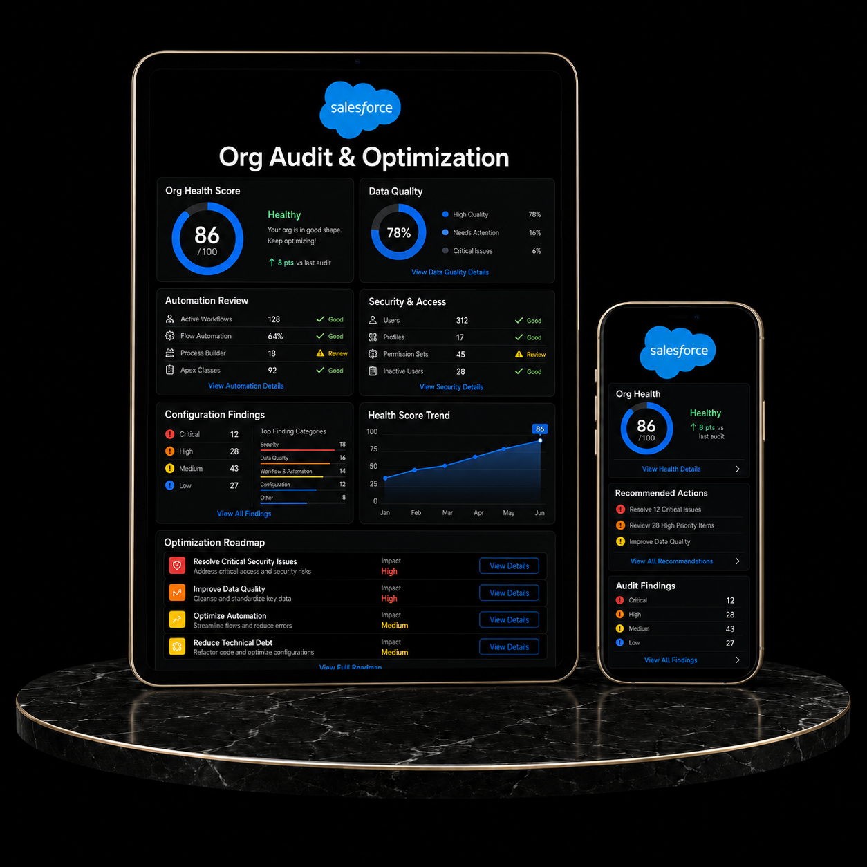 Salesforce Org Audit & Optimization dashboard displaying org health score, data quality, and optimization roadmap.