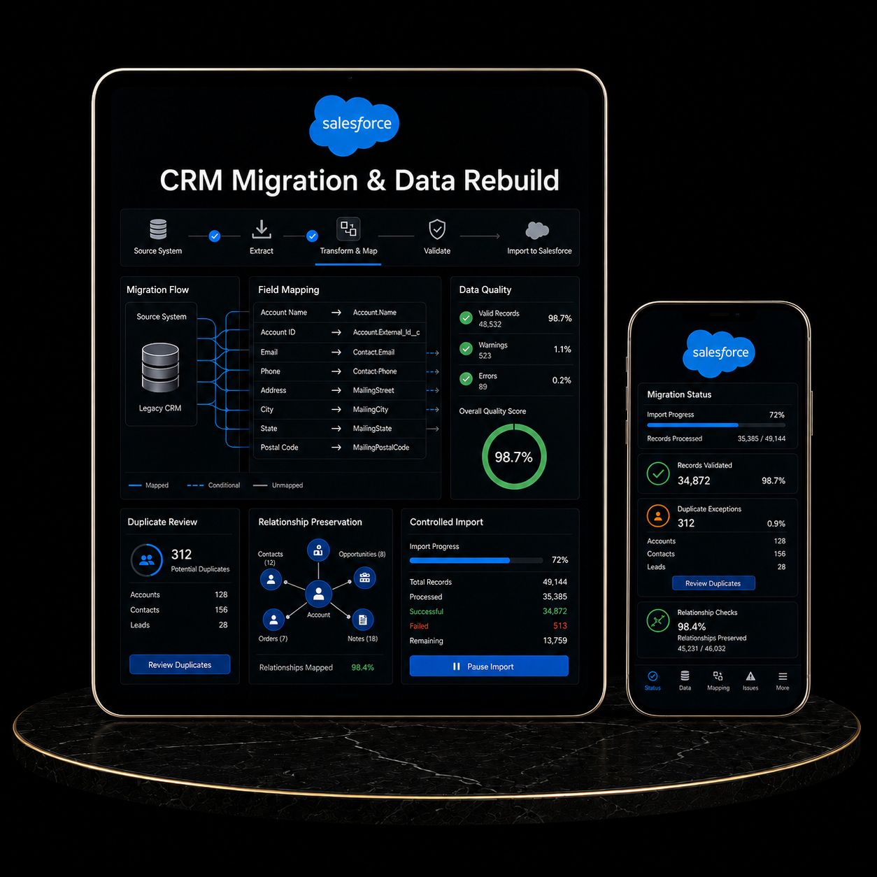 Salesforce CRM Migration & Data Rebuild dashboard showing data flow, quality, and migration status on devices.