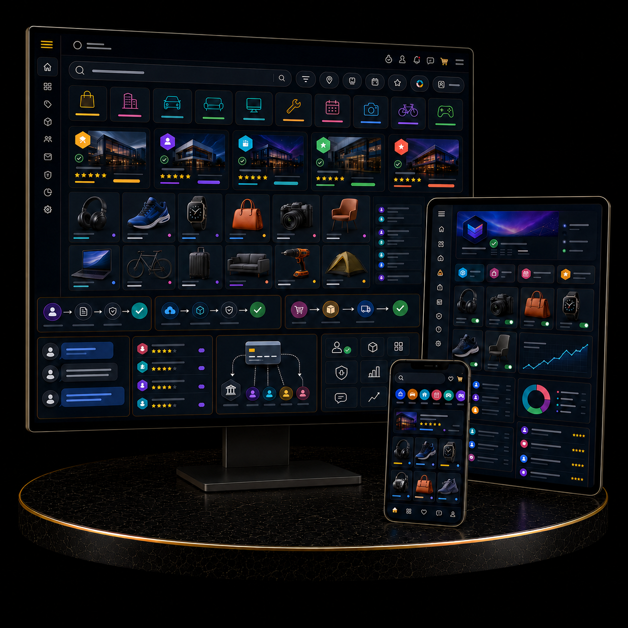 Multi-Vendor Marketplace Website Package displayed on multiple devices with various product categories and features.