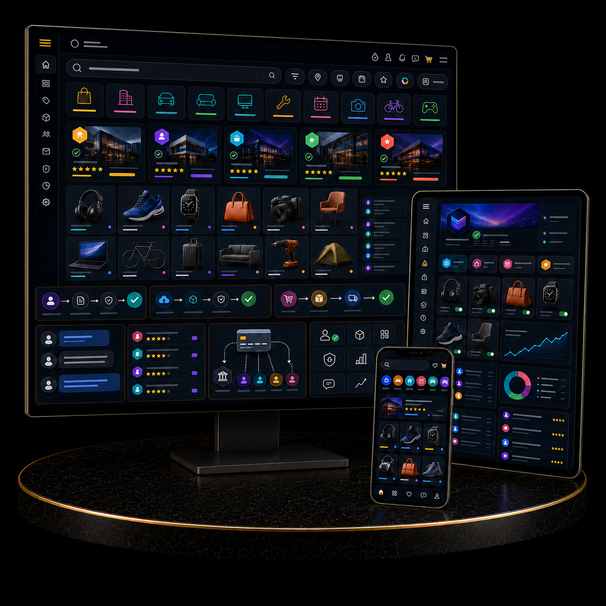 Multi-Vendor Marketplace Website Package displayed on multiple devices with various product categories and features. services