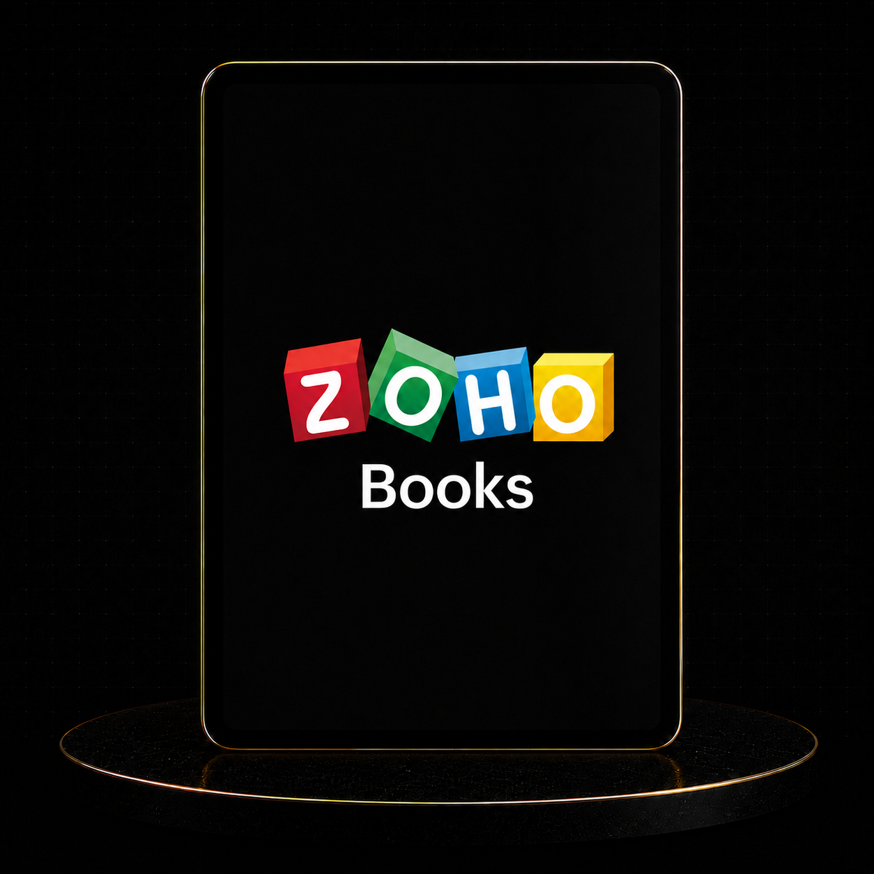 Zoho Books Setup displayed on a sleek tablet against a dark background, highlighting the software's core design.