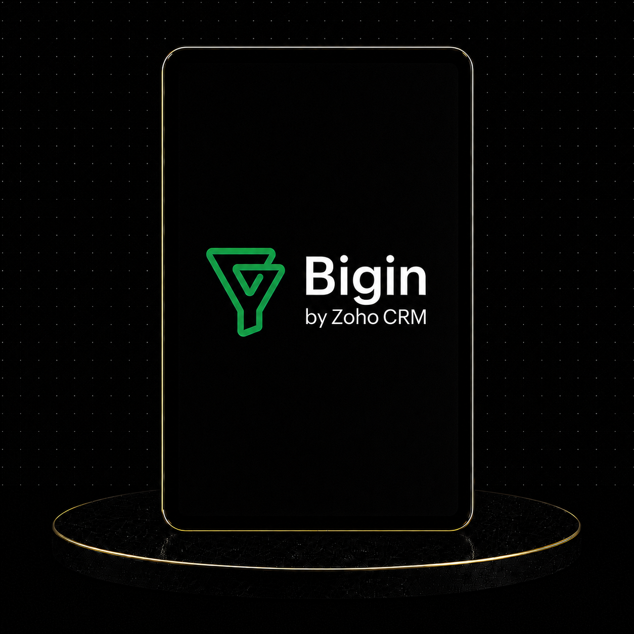 Zoho Bigin Setup logo displayed on a tablet with a modern design and sleek background.