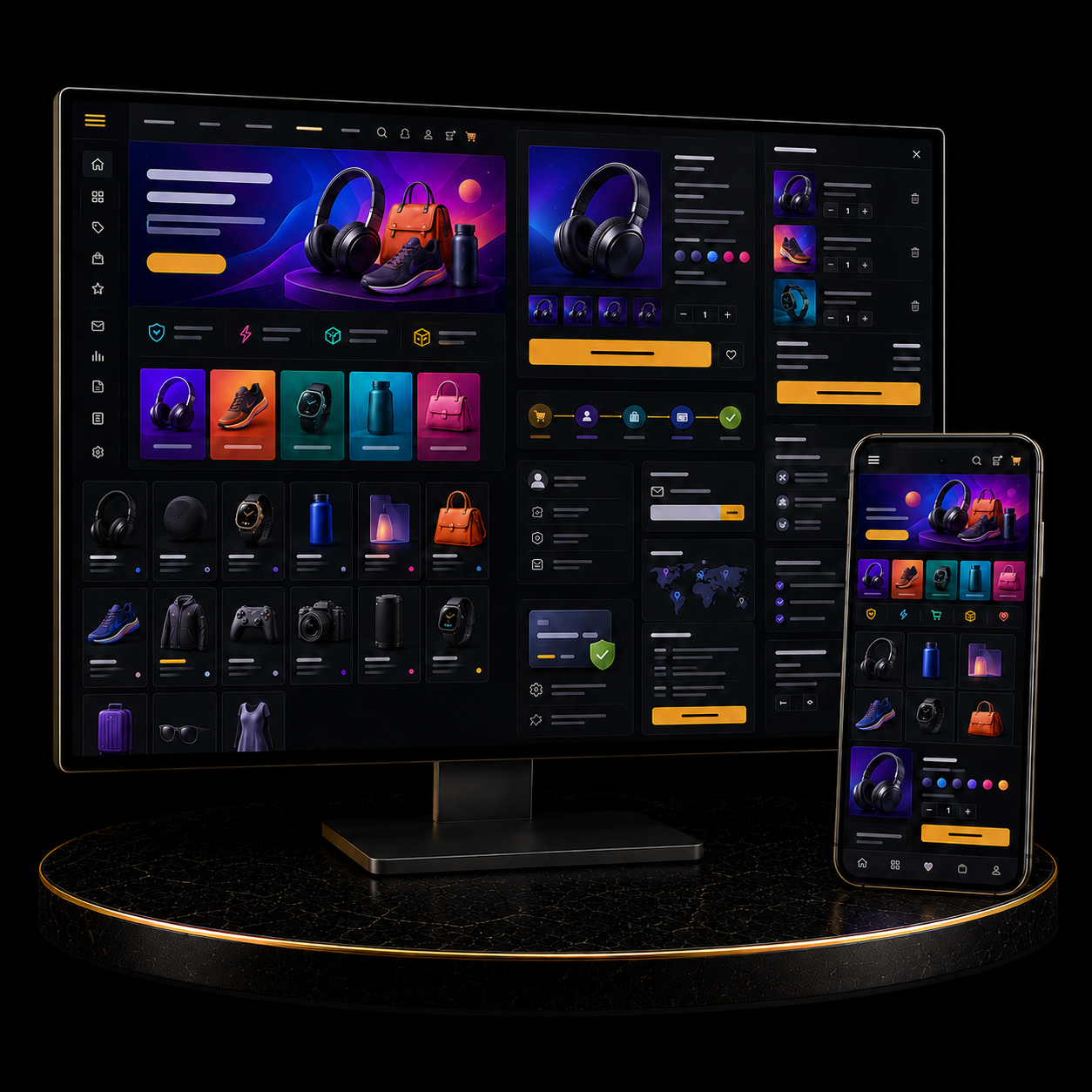 E-Commerce Website Package showcased on a monitor and smartphone displaying vibrant product listings and details.