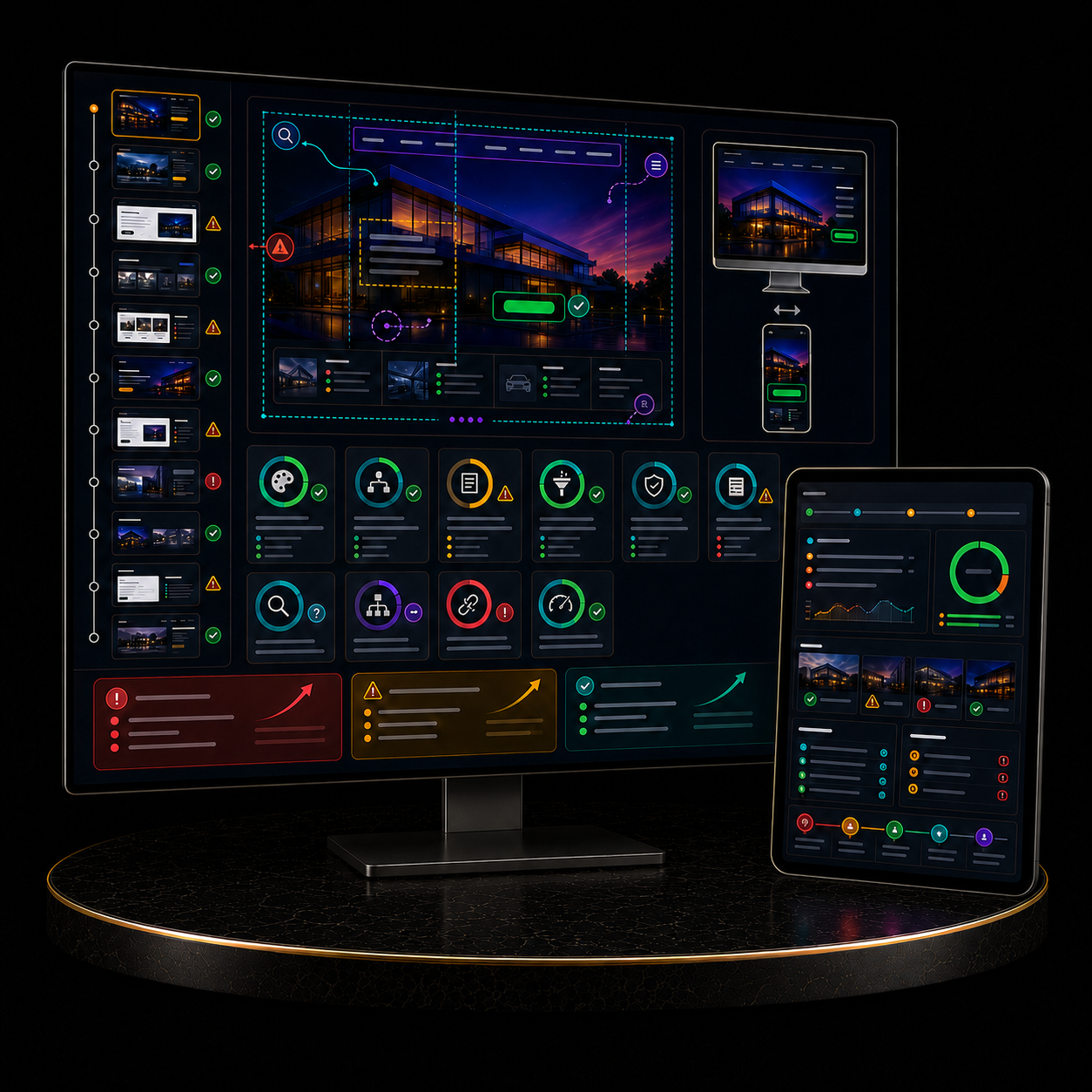 Website Audit Package displayed on a computer monitor and tablet, featuring detailed analytics and user-friendly interface.