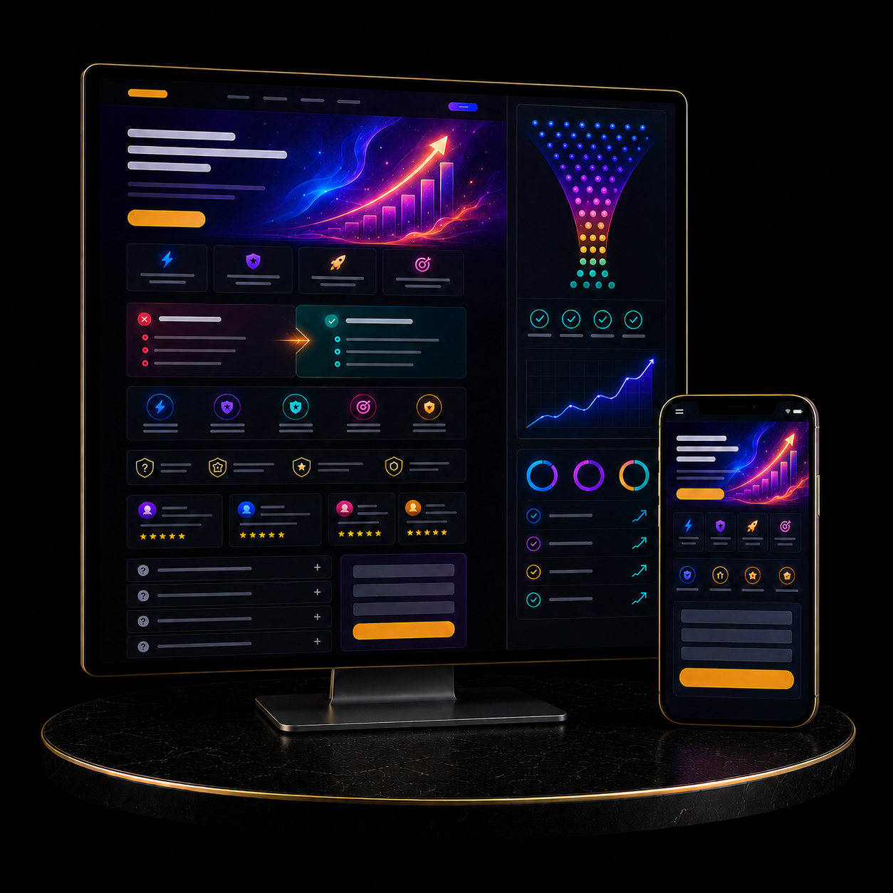 High-Converting Landing Page Package displayed on a computer monitor and smartphone with vibrant graphics.