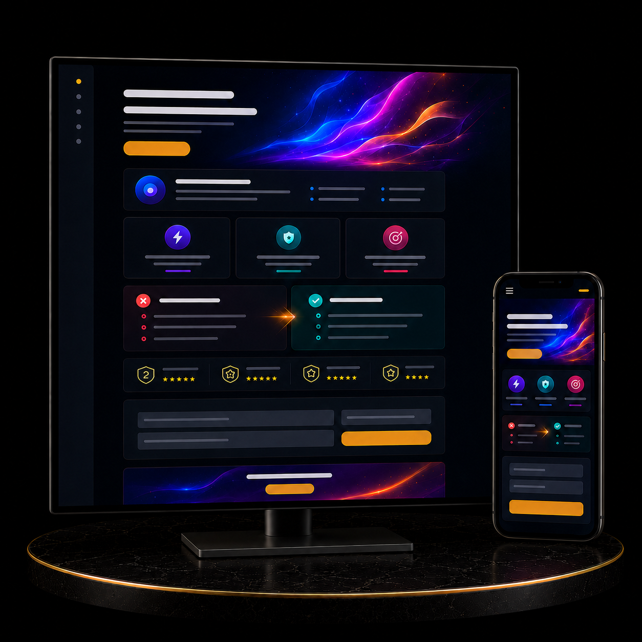 Landing Page Package featuring a sleek dark interface on a monitor and mobile device.