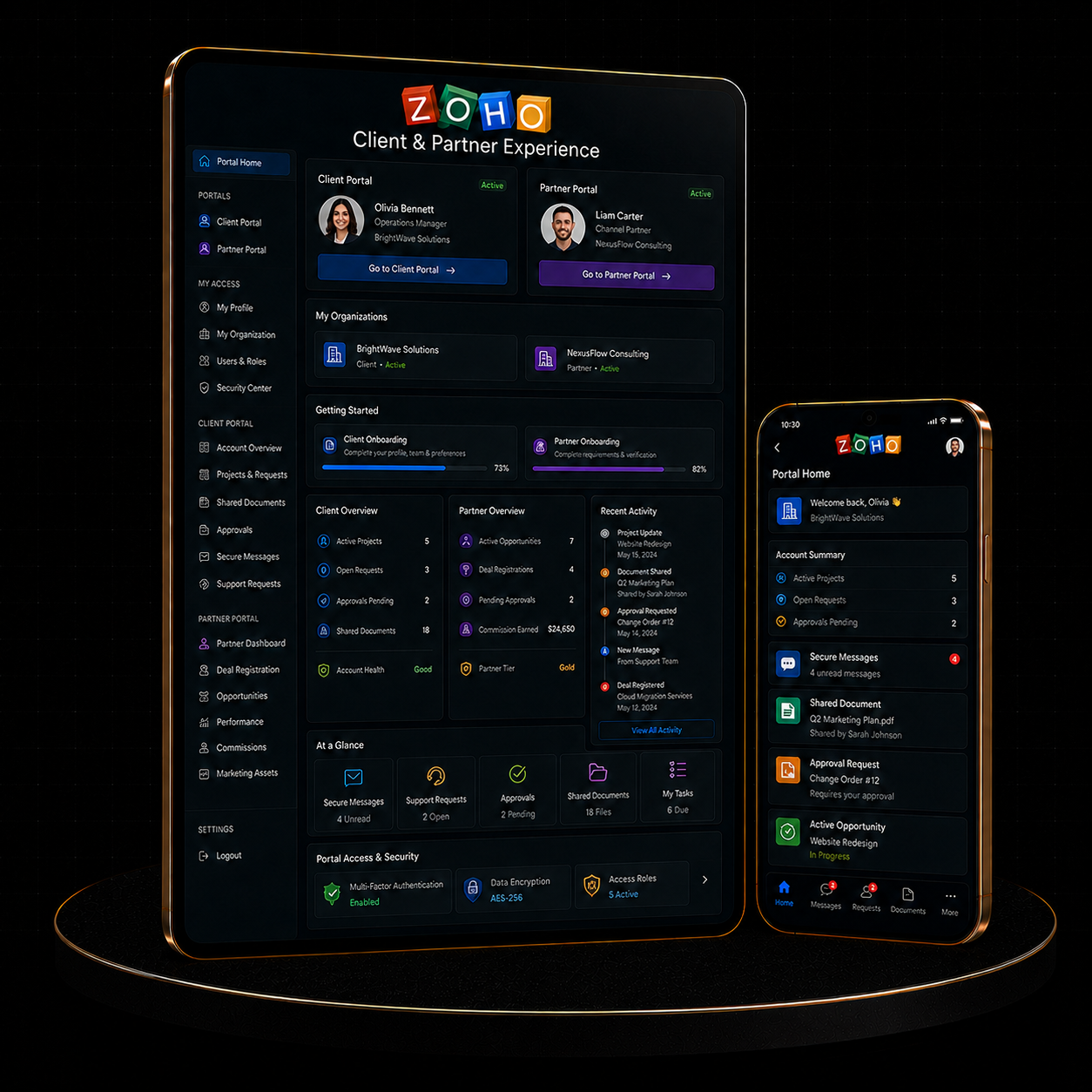 Image showcasing the Zoho Client & Partner Experience interface on tablet and mobile devices.