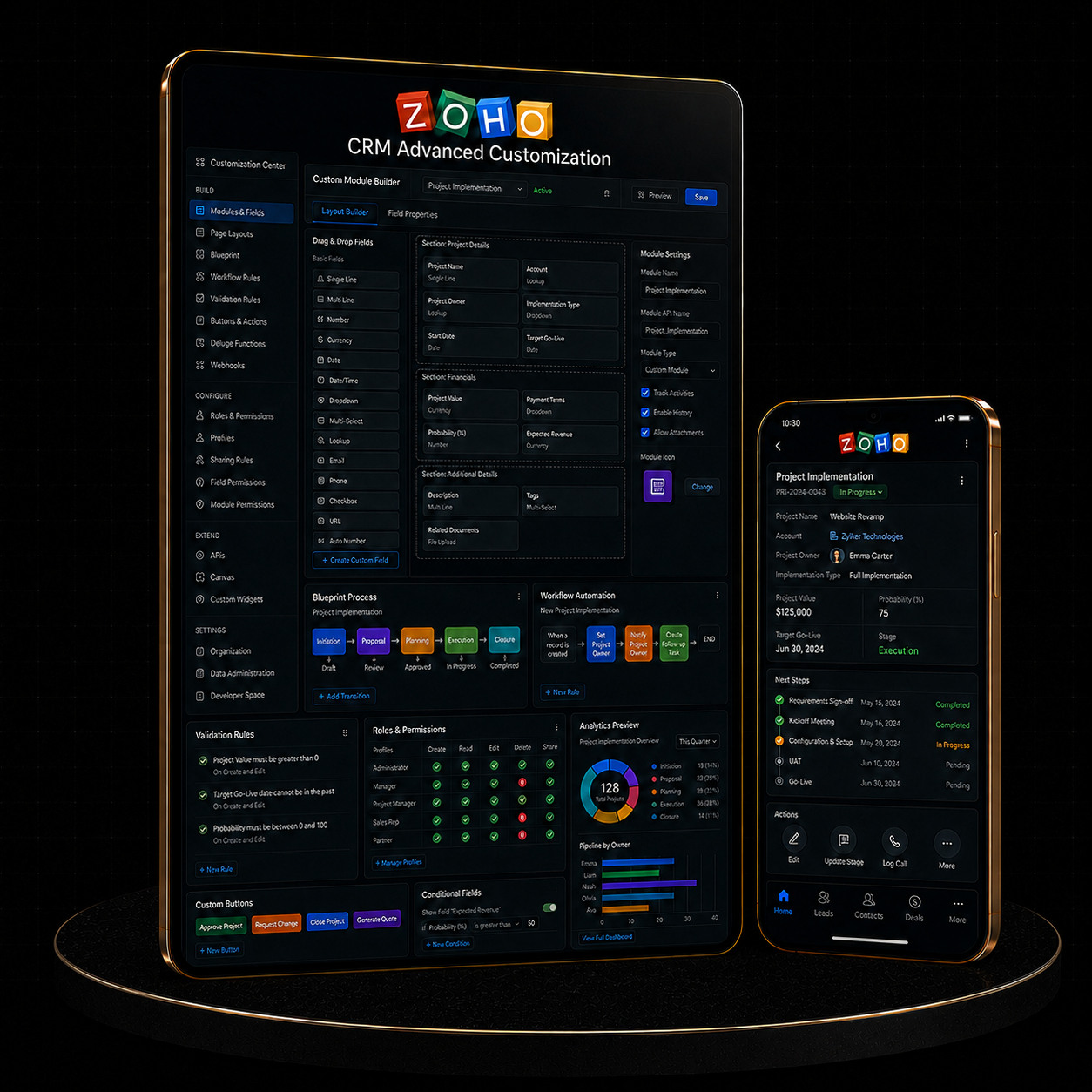 Zoho CRM Advanced Customization interface displaying powerful project implementation features on tablet and phone.