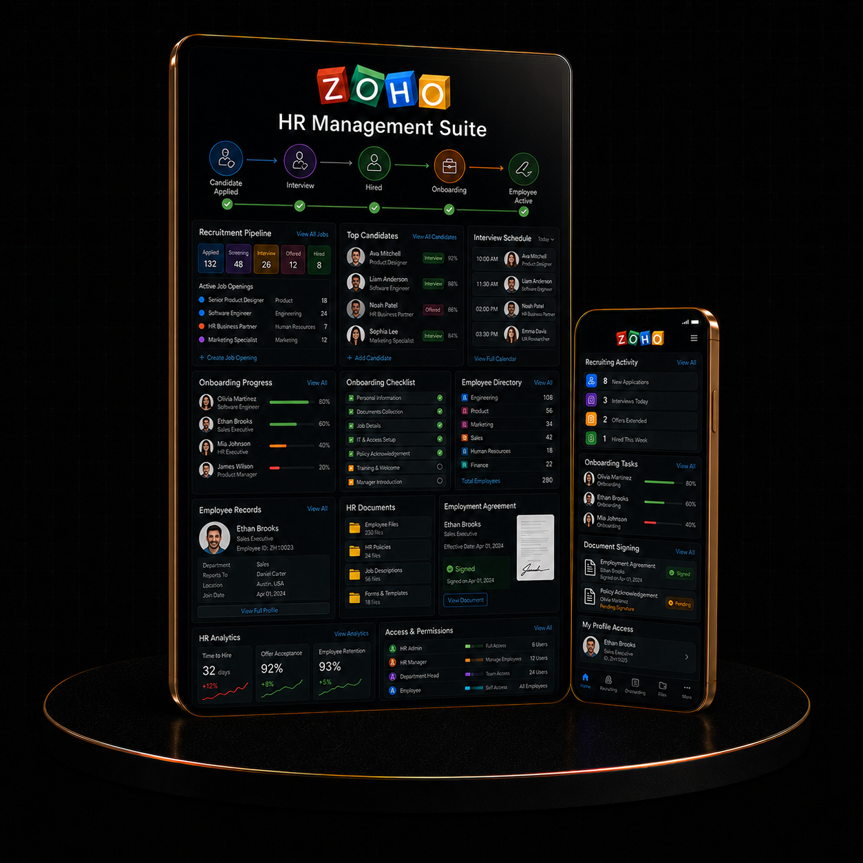 Image showcasing the Zoho HR Management Suite interface on a tablet and smartphone, highlighting HR analytics and onboarding features.