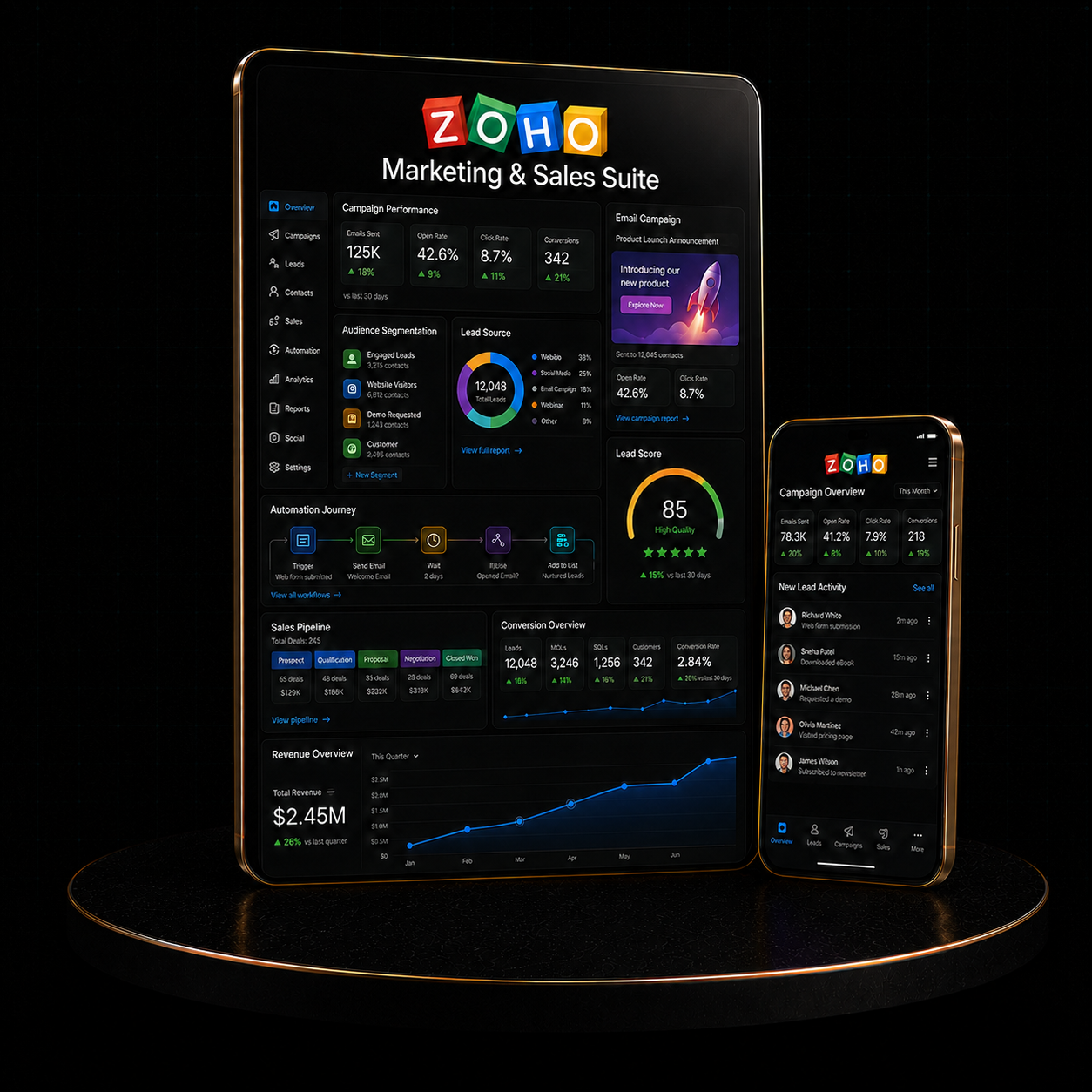 Zoho Marketing & Sales Suite dashboard displaying campaign performance and analytics.