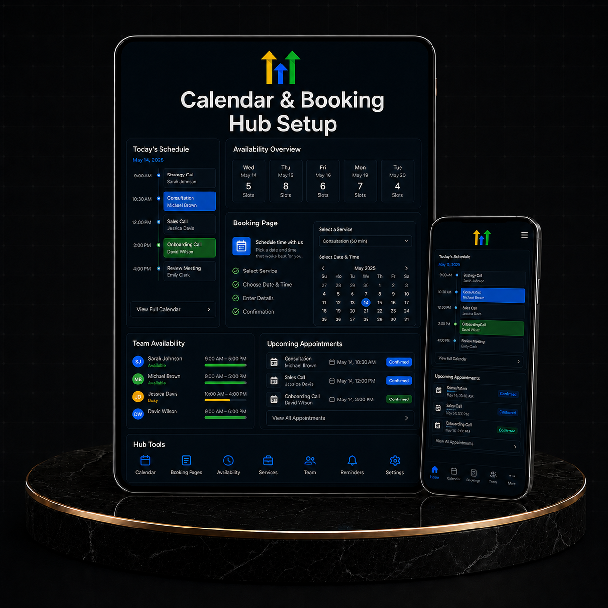 GoHighLevel Calendar & Booking Hub Setup displayed on a tablet and smartphone with appointment features.